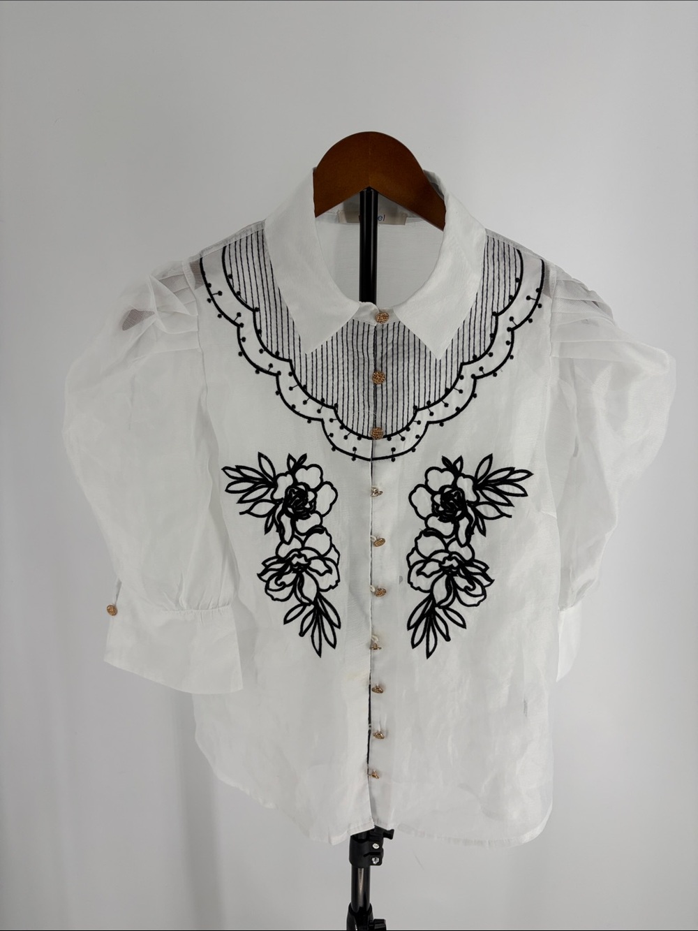 Sheer White Puff-Sleeve Blouse with Black Floral Embroidery Coquette Avant Garde